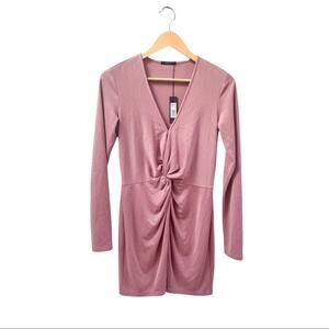 bobi BLACK Long Sleeve V Neck Front Ruched Mini Dress in Pink Women's Small $145
